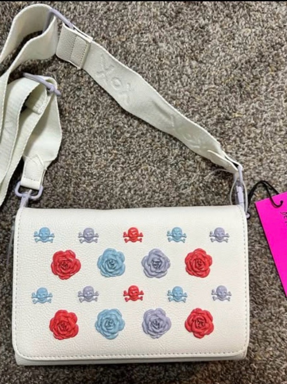 Betsey Johnson White Crossbody with Multicolor Rose & Skull Accents